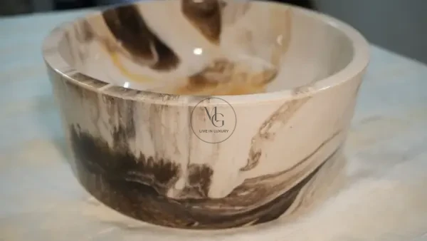 Bolivia handcrafted marbled washbasin with amber and chocolate swirls by Majestics Group.