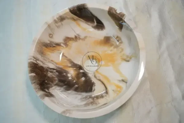 Bolivia handcrafted marbled washbasin with amber and chocolate swirls by Majestics Group.