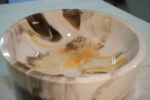 Bolivia handcrafted marbled washbasin with amber and chocolate swirls by Majestics Group.