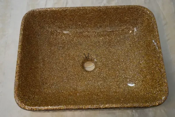 Large Altin rectangular gold artisan washbasin with shimmering crystal interior by Majestics Group.